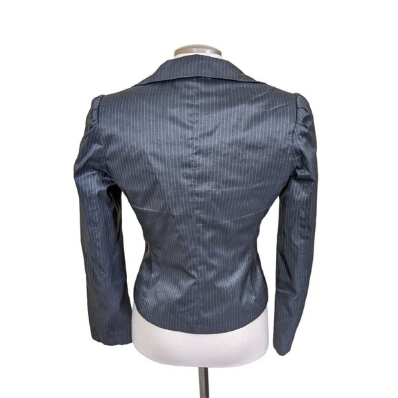 H&M One Button Blazer Womens 6 Gray Shiny Jacket Pinstripe Puff Sleeve Pockets - Picture 6 of 10